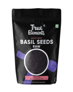 Boost your health with True Elements Basil Seeds (Sabja Seeds). Rich in fibre, omega-3 & antioxidants, perfect for weight management, glowing skin, and cooling your body in summer.