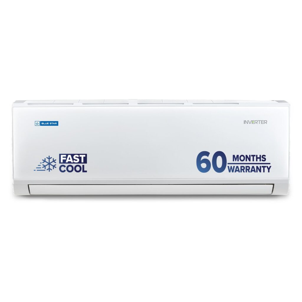 Blue Star 1.5 Ton 5 Star Inverter Split AC offers powerful cooling even at 52°C with 5-in-1 convertible modes, copper condenser, turbo cooling and energy-saving technology. Perfect for rooms up to 180 sq ft.