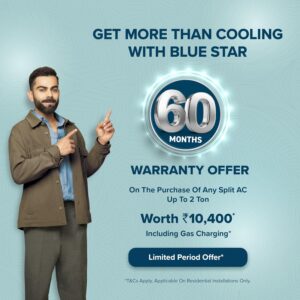 Blue Star 1.5 Ton 5 Star Inverter Split AC offers powerful cooling even at 52°C with 5-in-1 convertible modes, copper condenser, turbo cooling and energy-saving technology. Perfect for rooms up to 180 sq ft.