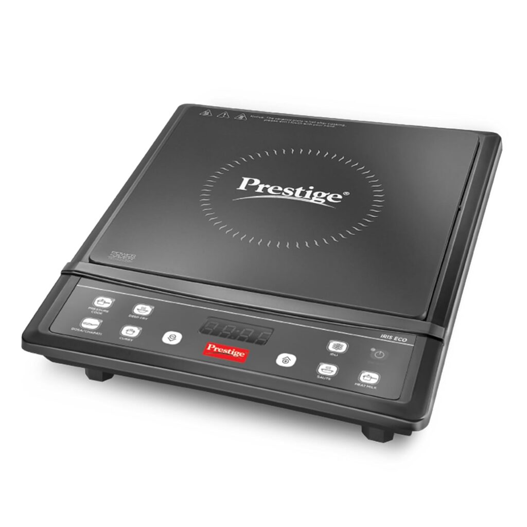 Cook smarter with Prestige 1200W Induction Cooktop featuring Indian Menu options, auto voltage regulator, fast heating & energy saving technology. Safe, portable & easy to clean!
