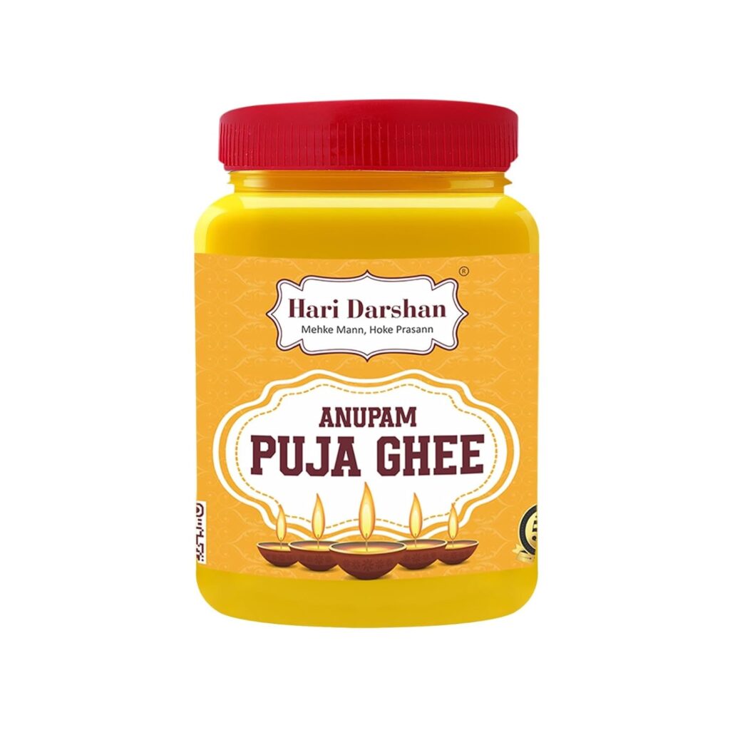 Experience divine purity with Hari Darshan Anupam Puja Ghee. Perfect for havan, diyas, and rituals, it ensures a clean burn, calming fragrance, and a spiritually uplifting atmosphere.