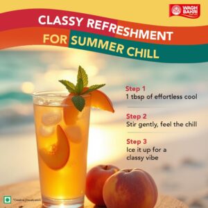 Make café-style iced tea at home in seconds with Wagh Bakri Peach Iced Tea Powder. Made with premium Assam tea, enriched with Vitamin C, preservative-free and perfect for refreshing summer drinks, mocktails, and slushies.