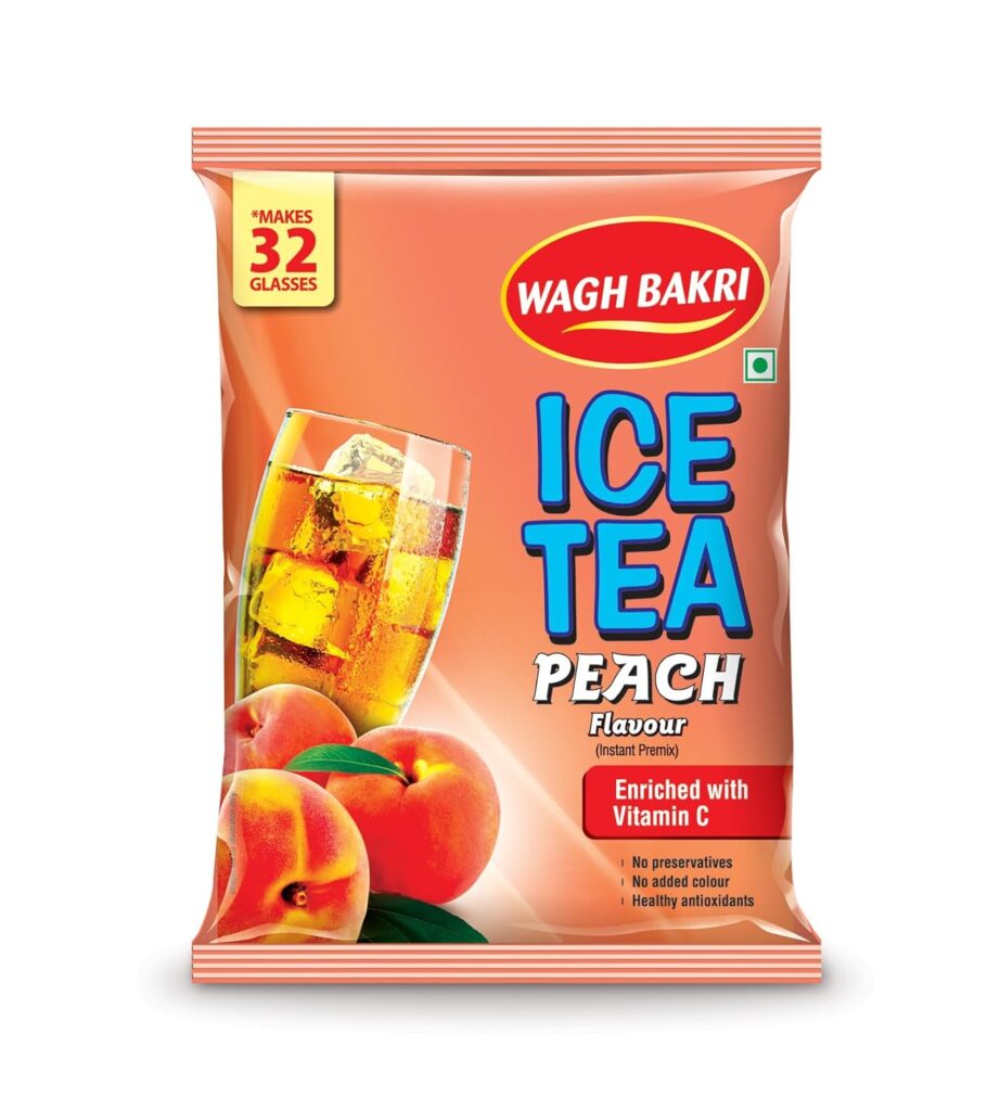 Make café-style iced tea at home in seconds with Wagh Bakri Peach Iced Tea Powder. Made with premium Assam tea, enriched with Vitamin C, preservative-free and perfect for refreshing summer drinks, mocktails, and slushies.